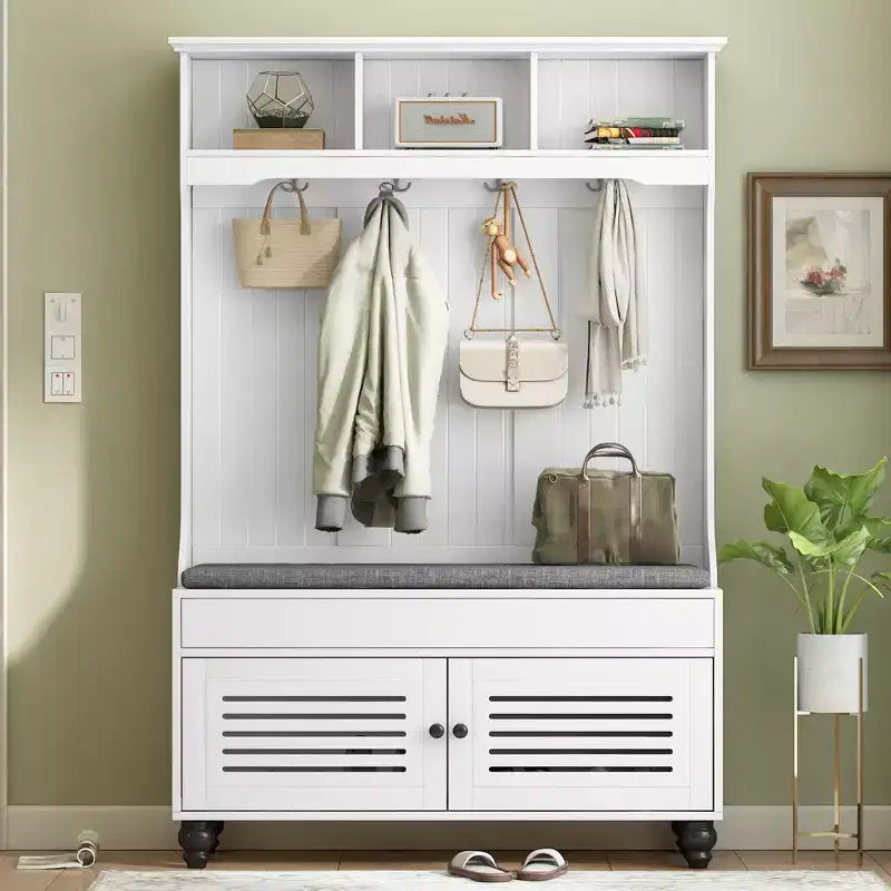 Okak 5-IN-1 Hall Tree with Shutter-Shaped Doors, Freestanding Coat Rack with Cushion and 4 Sturdy Hooks, Wide Coat Stand for Hallway, White