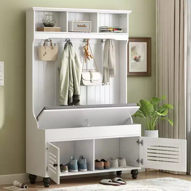 Okak 5-IN-1 attaccapanni da ingresso con ante a persiana, appendiabiti autoportante con cuscino e 4 robusti ganci, mobile appendiabiti ampio per corridoio, bianco