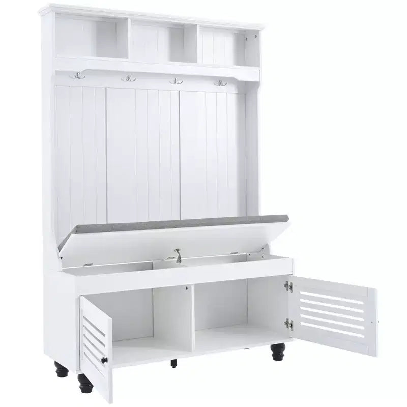 Okak 5-IN-1 attaccapanni da ingresso con ante a persiana, appendiabiti autoportante con cuscino e 4 robusti ganci, mobile appendiabiti ampio per corridoio, bianco