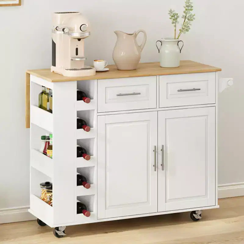White Kitchen Island Cart with 2-Door Cabinet & 2 Drawers-Rolling Storage Cart with Foldable Rubberwood Table Top,Spice Rack&Wine Rack for Kitchen
