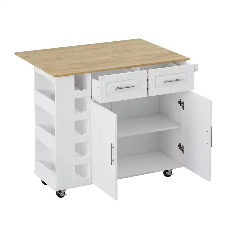 Carrello da Cucina Bianco con Armadietto a 2 Ante e 2 Cassetti - Carrello Portaoggetti con Top Pieghevole in Legno di Gomma, Portaspezie e Portabottiglie per Cucina