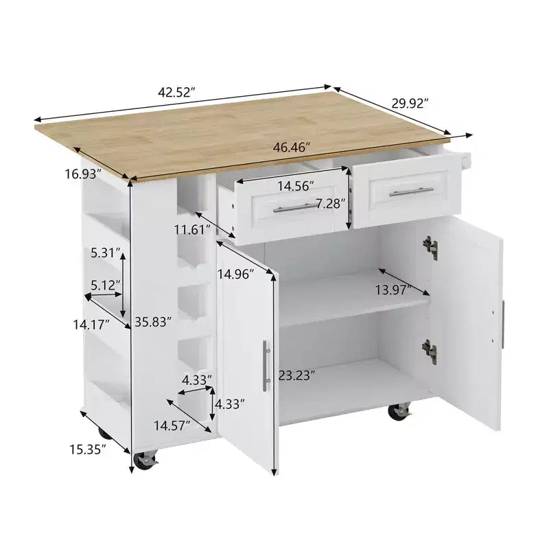 Carrello da Cucina Bianco con Armadietto a 2 Ante e 2 Cassetti - Carrello Portaoggetti con Top Pieghevole in Legno di Gomma, Portaspezie e Portabottiglie per Cucina