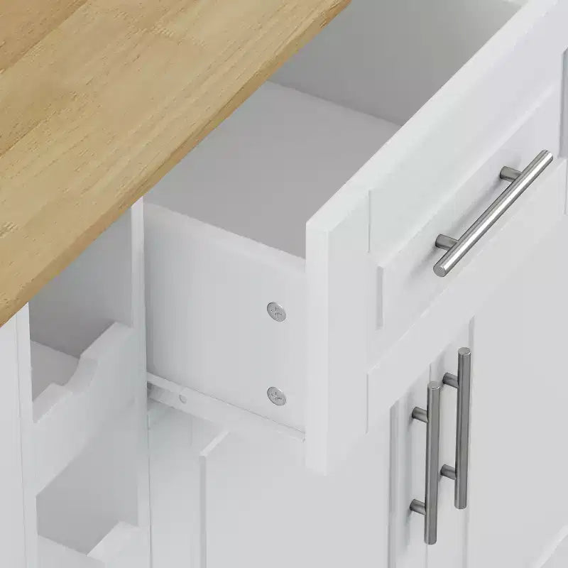 Carrello da Cucina Bianco con Armadietto a 2 Ante e 2 Cassetti - Carrello Portaoggetti con Top Pieghevole in Legno di Gomma, Portaspezie e Portabottiglie per Cucina