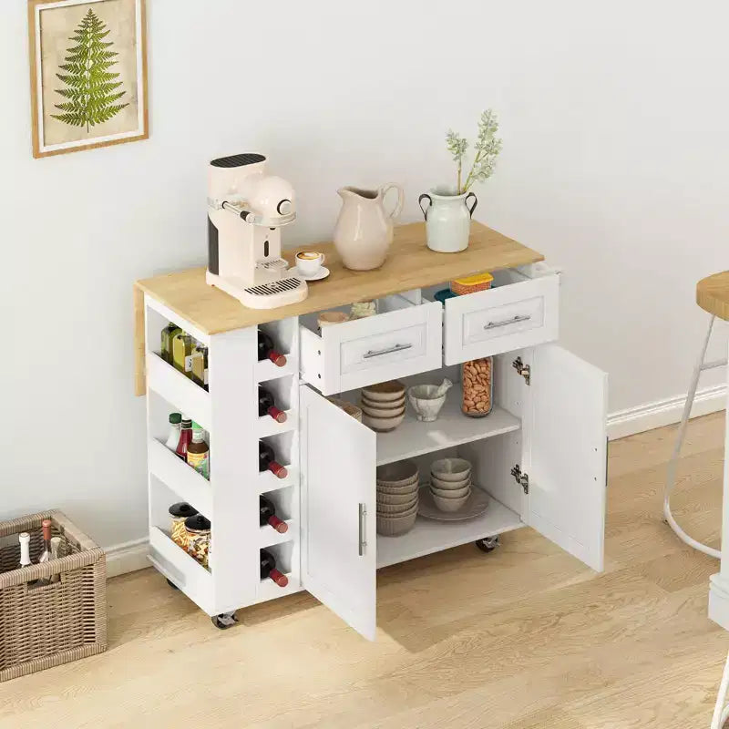 Carrello da Cucina Bianco con Armadietto a 2 Ante e 2 Cassetti - Carrello Portaoggetti con Top Pieghevole in Legno di Gomma, Portaspezie e Portabottiglie per Cucina