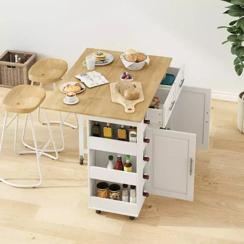 Carrello da Cucina Bianco con Armadietto a 2 Ante e 2 Cassetti - Carrello Portaoggetti con Top Pieghevole in Legno di Gomma, Portaspezie e Portabottiglie per Cucina