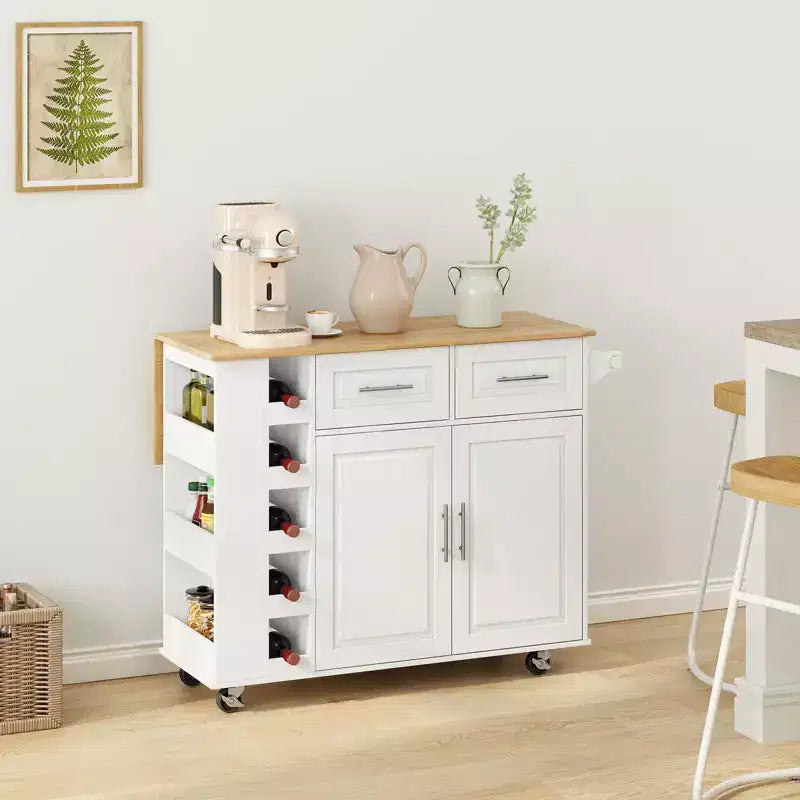 Carrello da Cucina Bianco con Armadietto a 2 Ante e 2 Cassetti - Carrello Portaoggetti con Top Pieghevole in Legno di Gomma, Portaspezie e Portabottiglie per Cucina