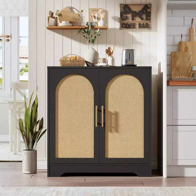 30 Sideboard Buffet Cabinet, Rattan Coffee Bar Cabinet, Entryway Console Table, Floor Cupboard Cabinet, Wood Credenza for Kitchen Living Room