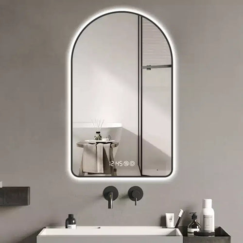 28 x 48 inch Multifunctional Arched LED Bathroom Vanity Mirrors with Three Color Temperatures for over Sink Black Frame