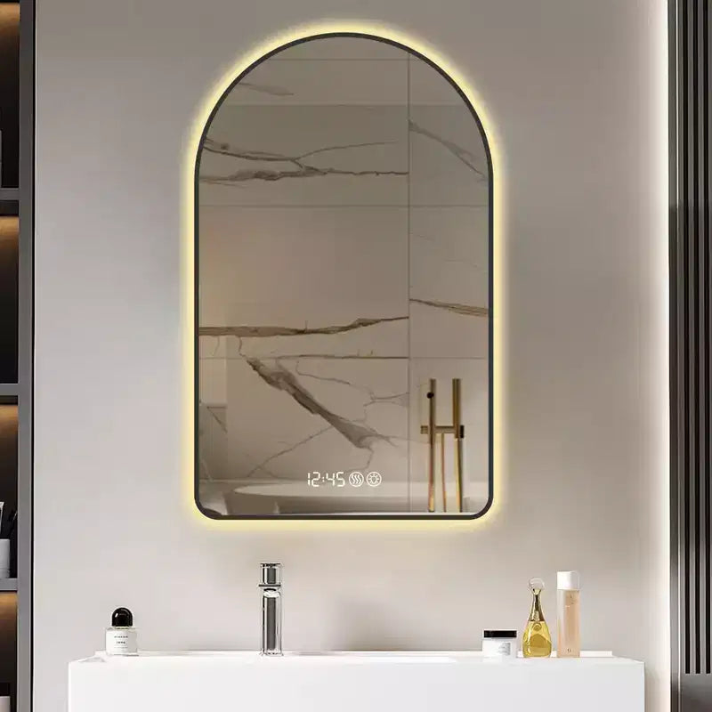 Specchio da bagno a LED multifunzionale ad arco 28 x 48 pollici con tre temperature di colore per sopra il lavandino con cornice nera
