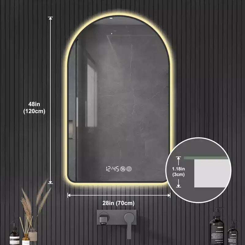 Specchio da bagno a LED multifunzionale ad arco 28 x 48 pollici con tre temperature di colore per sopra il lavandino con cornice nera