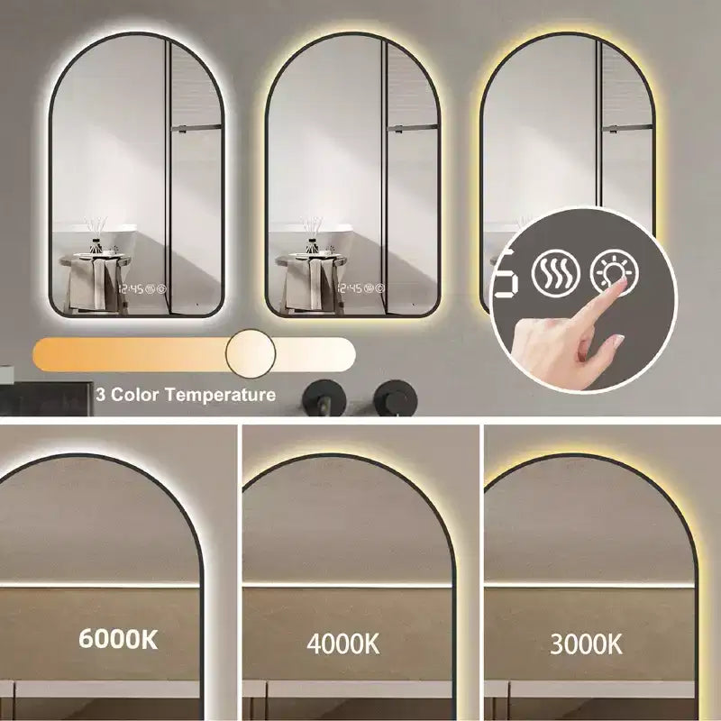 Specchio da bagno a LED multifunzionale ad arco 28 x 48 pollici con tre temperature di colore per sopra il lavandino con cornice nera