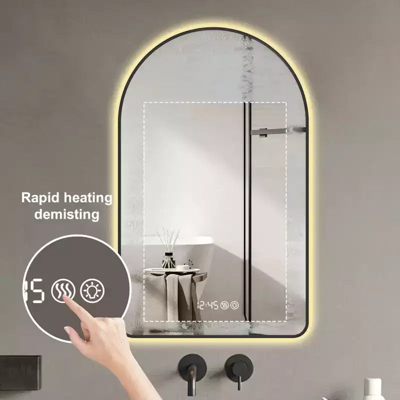 Specchio da bagno a LED multifunzionale ad arco 28 x 48 pollici con tre temperature di colore per sopra il lavandino con cornice nera