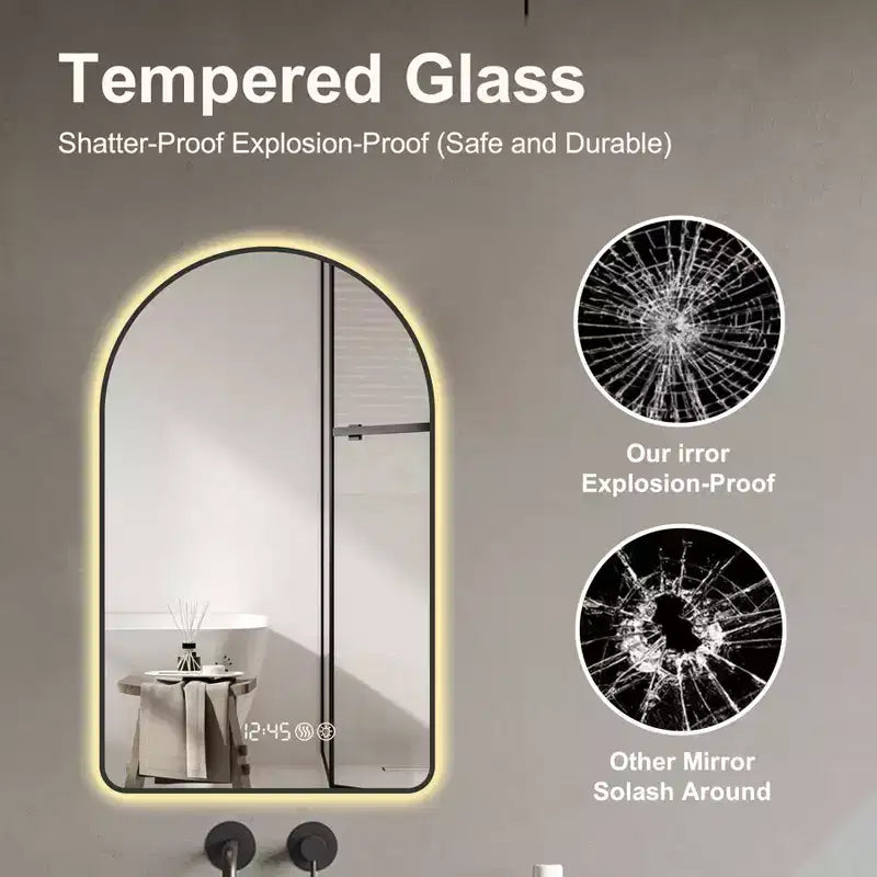 Specchio da bagno a LED multifunzionale ad arco 28 x 48 pollici con tre temperature di colore per sopra il lavandino con cornice nera