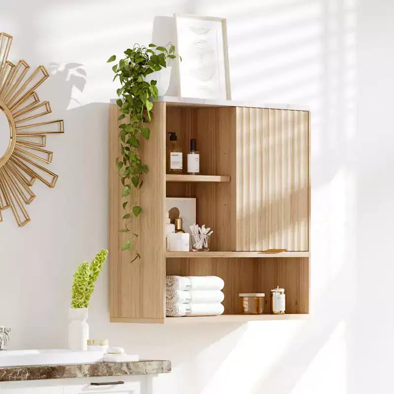Modern Fluted Wall Cabinet with Sliding Door - Faux Marble Top & Adjustable Shelf, Curved Medicine Storage for Bathroom,Laundry Room