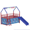 Bellemave Metal Junior House Twin Loft Bed with Slide and Curtain Set, Super Hero Color Red and Blue