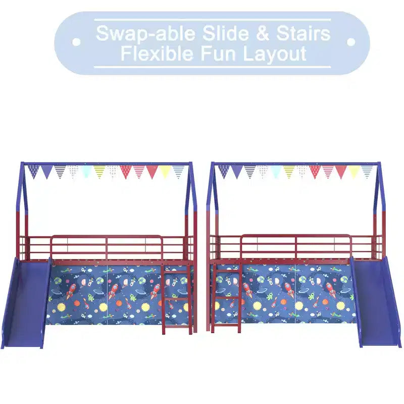 Bellemave Letto a soppalco singolo in metallo con scivolo e set di tende, tema Super Eroe, colori rosso e blu