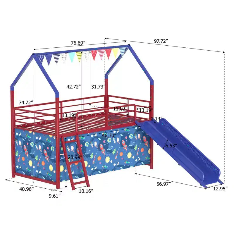 Bellemave Letto a soppalco singolo in metallo con scivolo e set di tende, tema Super Eroe, colori rosso e blu