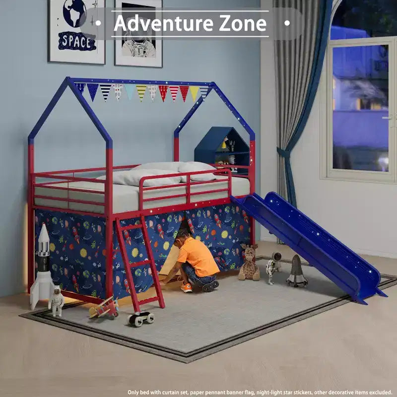 Bellemave Letto a soppalco singolo in metallo con scivolo e set di tende, tema Super Eroe, colori rosso e blu