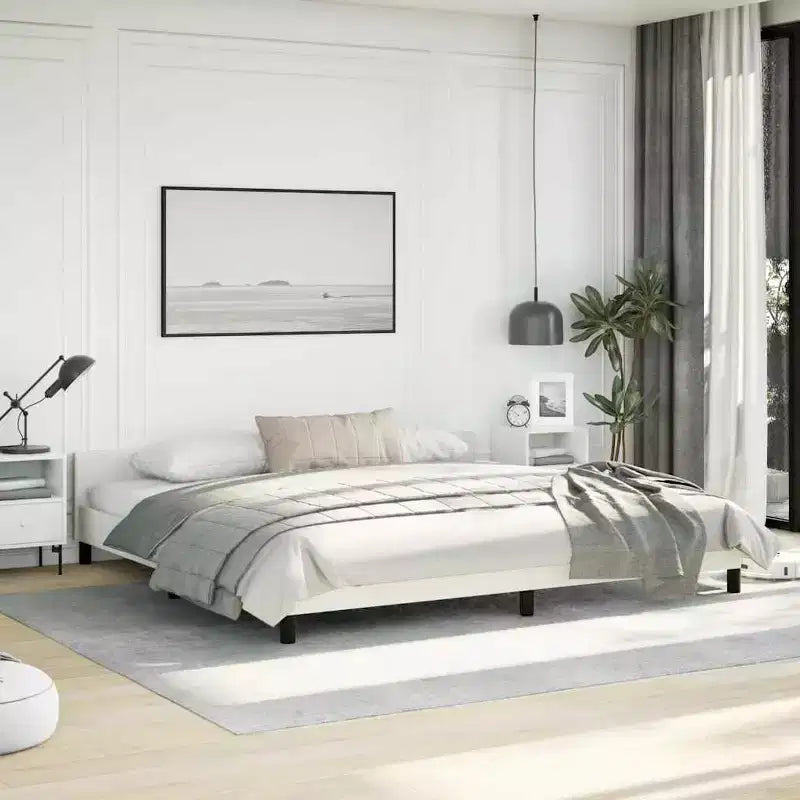 Struttura letto con testiera in ecopelle bianca, compensato, legno ingegnerizzato