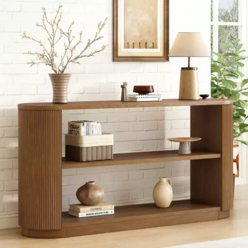 58.9 Tavolo Consolle da Ingresso Moderno, Tavolino Slim da Divano con Ripiano Aperto, Tavolo da Corridoio con Finitura Venata Legno per Soggiorno - Panipeachy