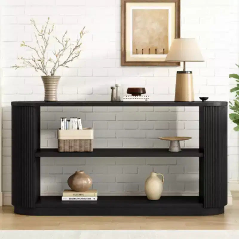 58.9 Modern Entryway Console Table, Slim Sofa Table with Open Shelf, Wood Grain Finish Hallway Table for Living Room - Panipeachy