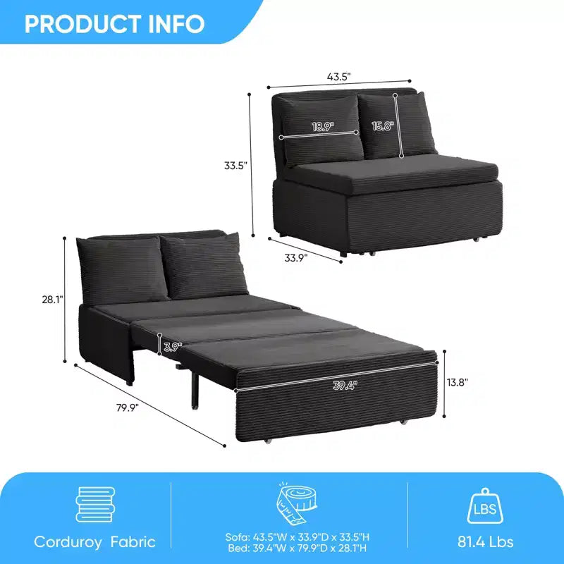 Mjkone Divano letto a una piazza, in tessuto di velluto a coste 2 in 1 convertibile, divanetto con cuscini
