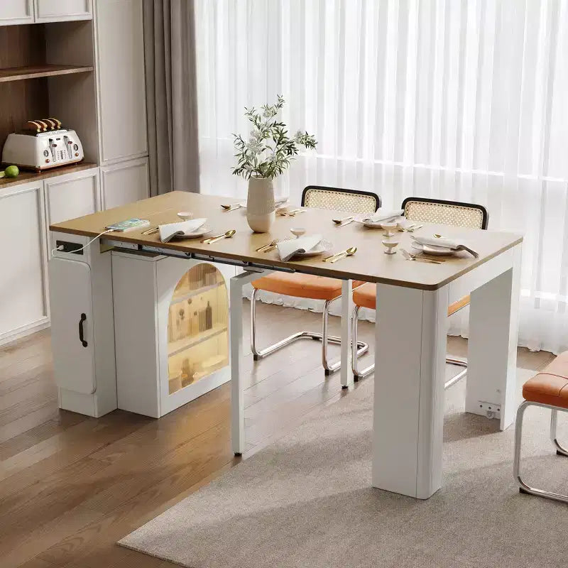 JVNOXK 59.00 inch Extendable Dining Table with 3 Removable Center Extensions, Mobile Storage Island with Power Outlet and Casters