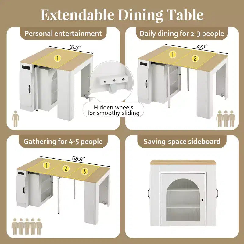 Tavolo da pranzo estensibile JVNOXK da 59,00 pollici con 3 prolunghe centrali rimovibili, isola mobile con presa di corrente e rotelle
