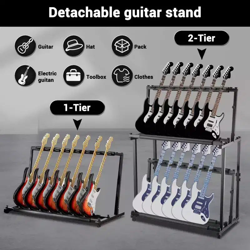 Supporto multiplo per chitarre a 2 ripiani, con 14 alloggiamenti, regolabile in altezza, espositore per chitarre, accessori per amplificatori per chitarra per studio musicale domestico