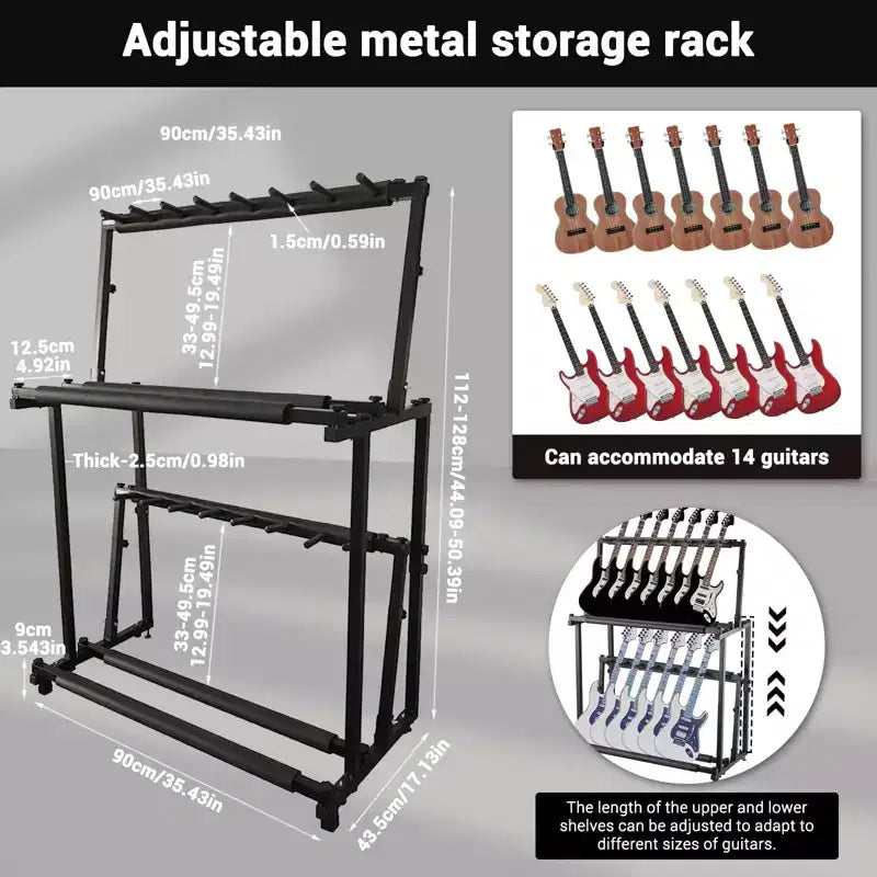 Supporto multiplo per chitarre a 2 ripiani, con 14 alloggiamenti, regolabile in altezza, espositore per chitarre, accessori per amplificatori per chitarra per studio musicale domestico