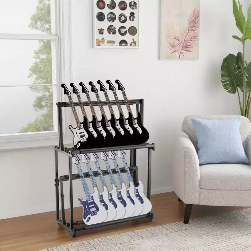Supporto multiplo per chitarre a 2 ripiani, con 14 alloggiamenti, regolabile in altezza, espositore per chitarre, accessori per amplificatori per chitarra per studio musicale domestico