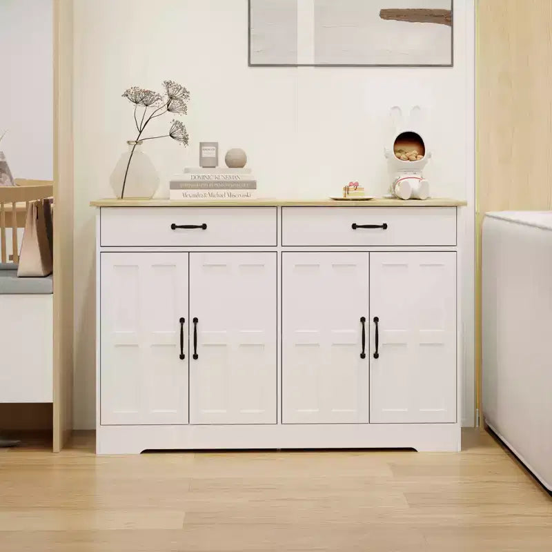 MAYEERTY White 47.95 Farmhouse Buffet Cabinet, 2 Drawers 4 Doors Storage Sideboard for Dining Room