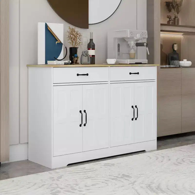 MAYEERTY Mobile da buffet stile rustico bianco da 47,95 pollici, credenza contenitore con 2 cassetti e 4 ante per sala da pranzo