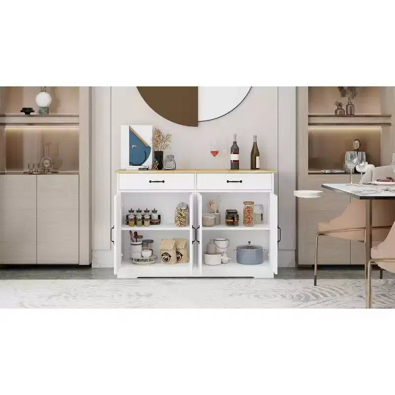 MAYEERTY Mobile da buffet stile rustico bianco da 47,95 pollici, credenza contenitore con 2 cassetti e 4 ante per sala da pranzo