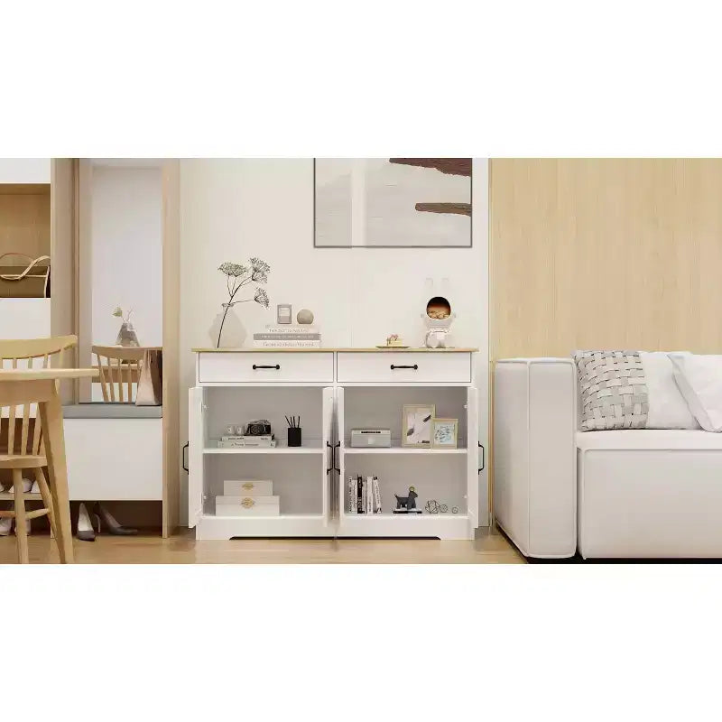 MAYEERTY Mobile da buffet stile rustico bianco da 47,95 pollici, credenza contenitore con 2 cassetti e 4 ante per sala da pranzo