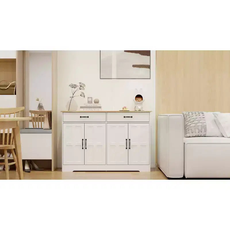 MAYEERTY Mobile da buffet stile rustico bianco da 47,95 pollici, credenza contenitore con 2 cassetti e 4 ante per sala da pranzo