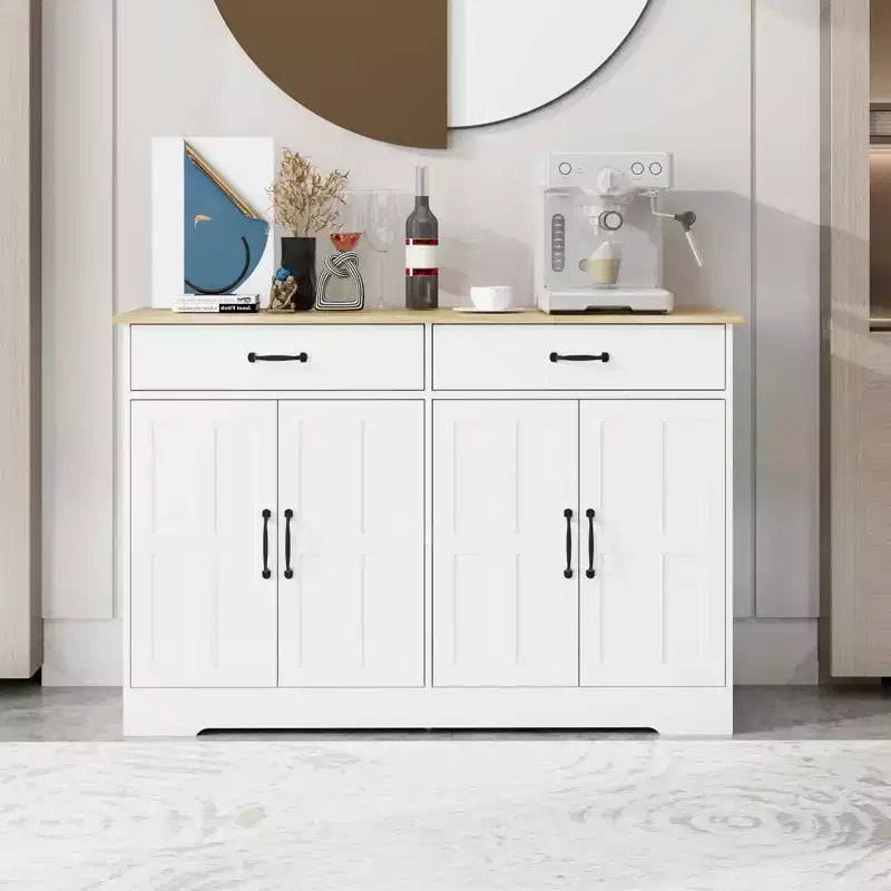 MAYEERTY Mobile da buffet stile rustico bianco da 47,95 pollici, credenza contenitore con 2 cassetti e 4 ante per sala da pranzo