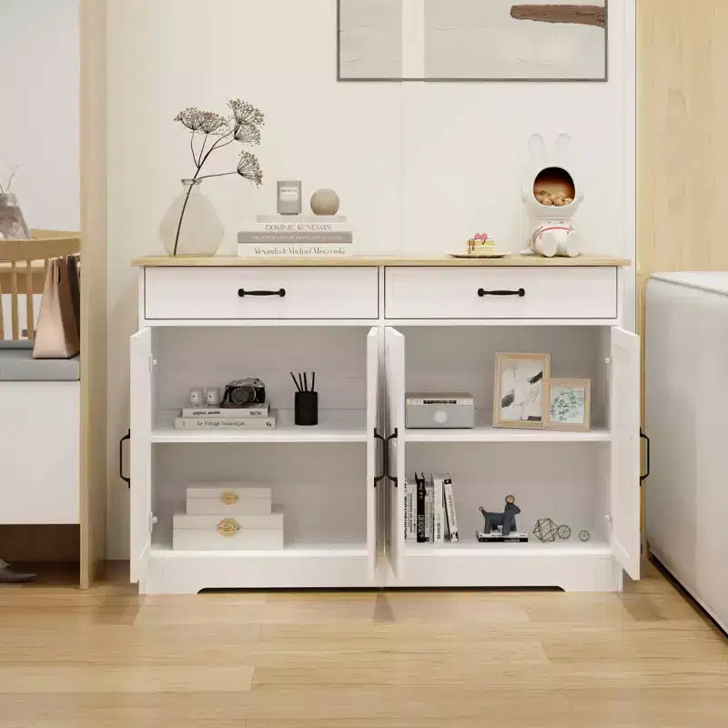 MAYEERTY Mobile da buffet stile rustico bianco da 47,95 pollici, credenza contenitore con 2 cassetti e 4 ante per sala da pranzo