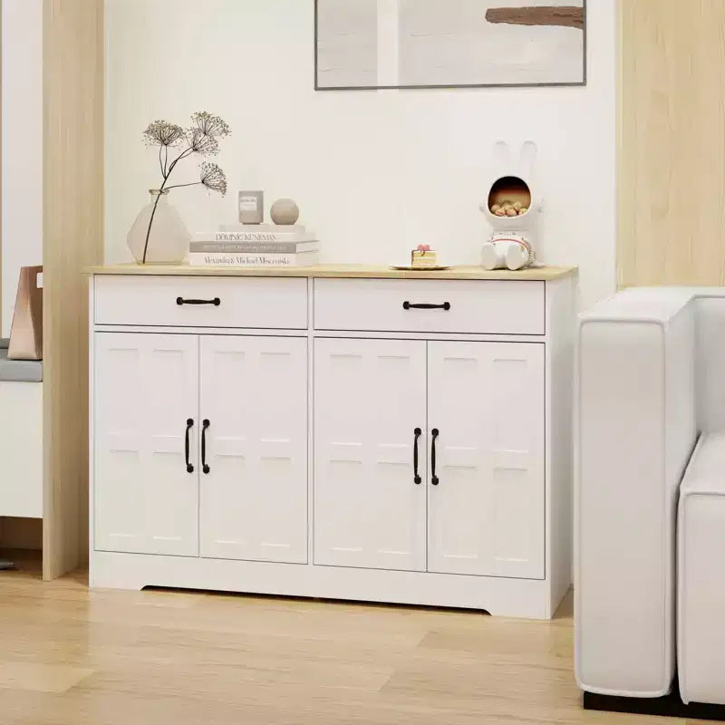 MAYEERTY Mobile da buffet stile rustico bianco da 47,95 pollici, credenza contenitore con 2 cassetti e 4 ante per sala da pranzo