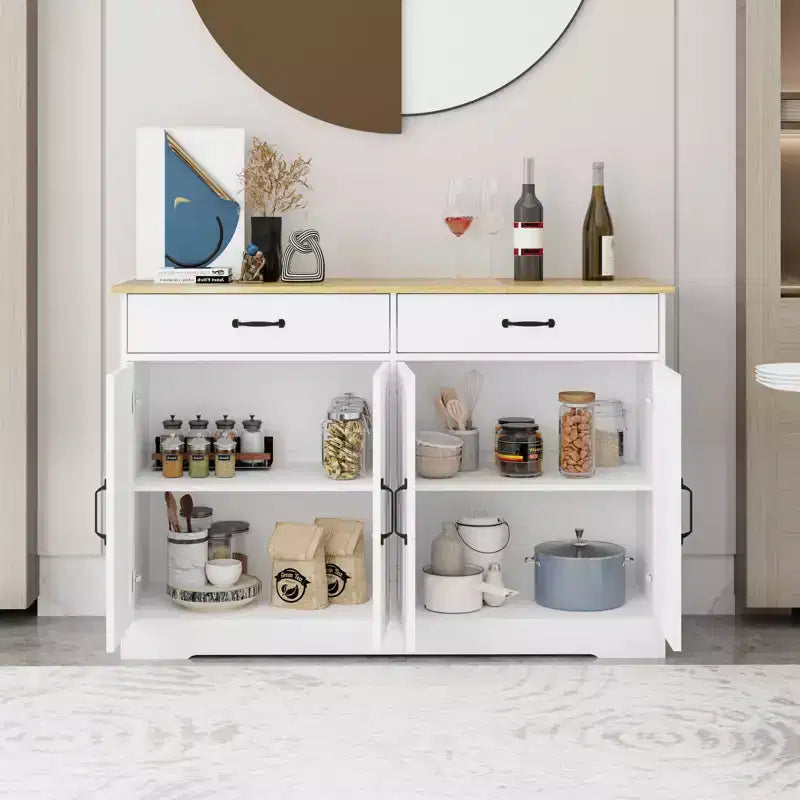 MAYEERTY Mobile da buffet stile rustico bianco da 47,95 pollici, credenza contenitore con 2 cassetti e 4 ante per sala da pranzo
