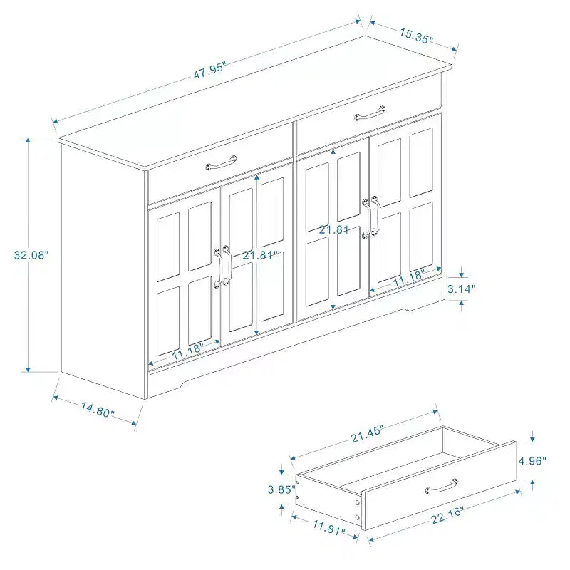 MAYEERTY Mobile da buffet stile rustico bianco da 47,95 pollici, credenza contenitore con 2 cassetti e 4 ante per sala da pranzo