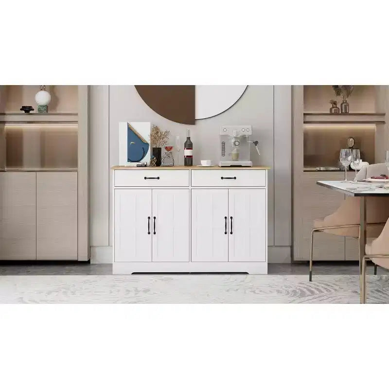 MAYEERTY Mobile da buffet stile rustico bianco da 47,95 pollici, credenza contenitore con 2 cassetti e 4 ante per sala da pranzo