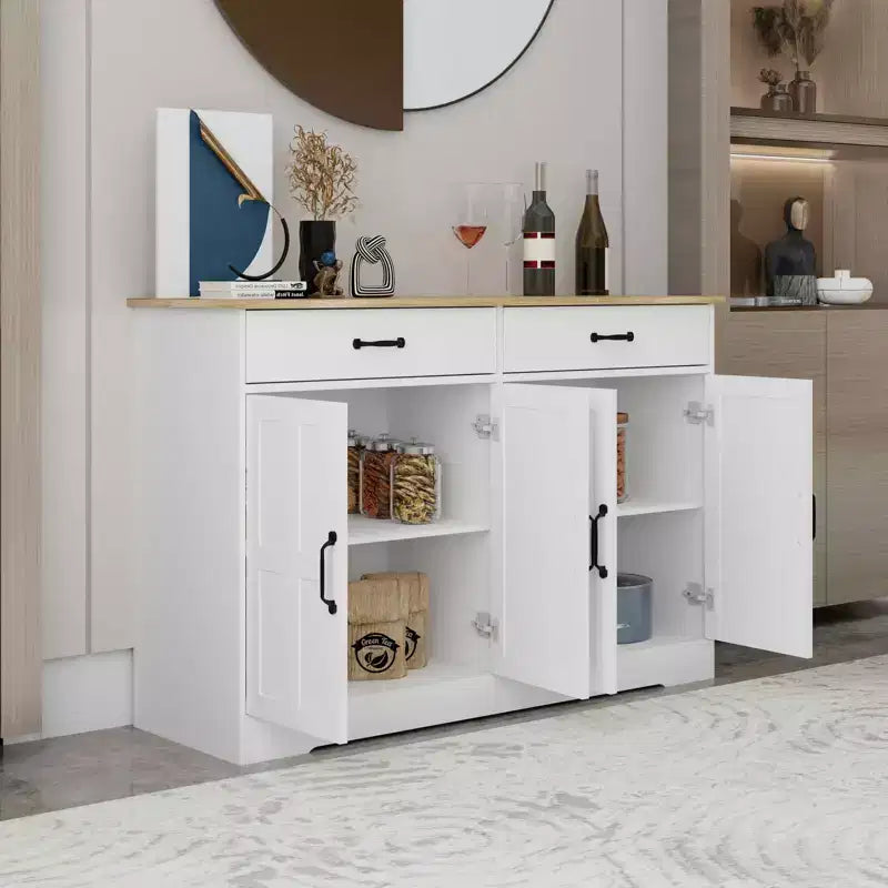 MAYEERTY Mobile da buffet stile rustico bianco da 47,95 pollici, credenza contenitore con 2 cassetti e 4 ante per sala da pranzo