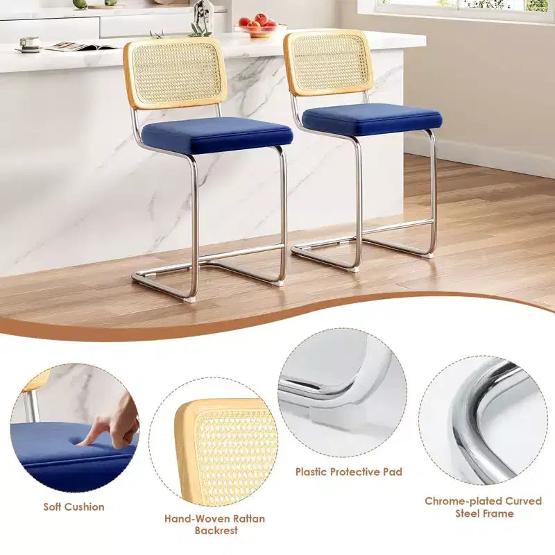 Okak Sgabelli da bancone da 24 pollici, set da 2, sgabelli da bar rivestiti in pelle PU con schienale in rattan naturale, sedie da bar moderne senza braccioli per isola cucina