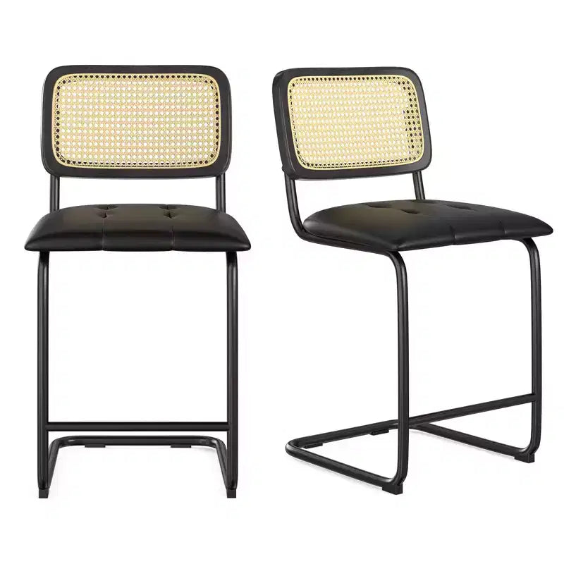 Okak Sgabelli da bancone da 24 pollici, set da 2, sgabelli da bar rivestiti in pelle PU con schienale in rattan naturale, sedie da bar moderne senza braccioli per isola cucina