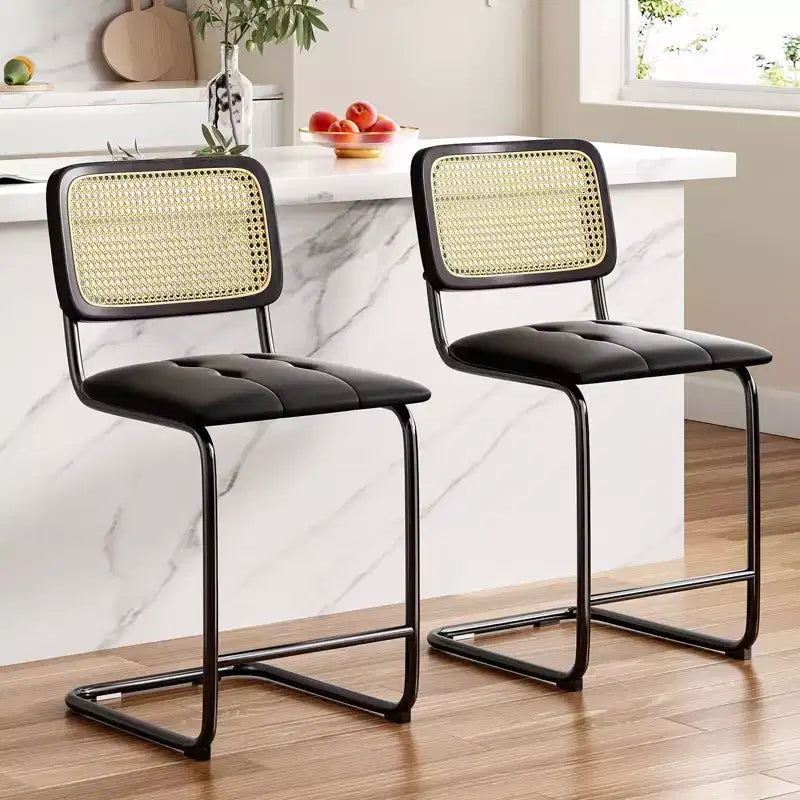 Okak 24 Inch Counter Stools Set of 2, Upholstered PU Leather Barstools with Natural Rattan Back, Modern Armless Bar Chairs for Kitchen Island