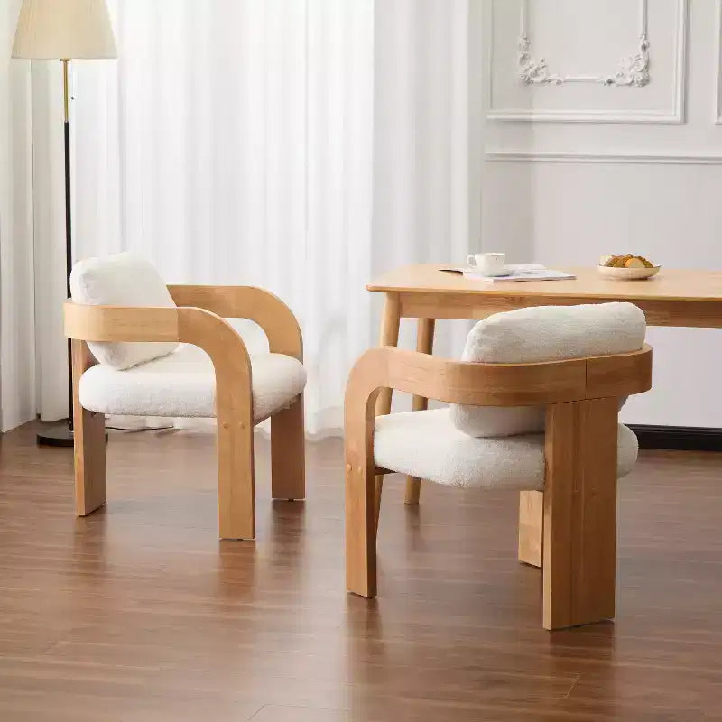 Set of 2 Boucle Armchairs with Pillow Back and Rubberwood Frame