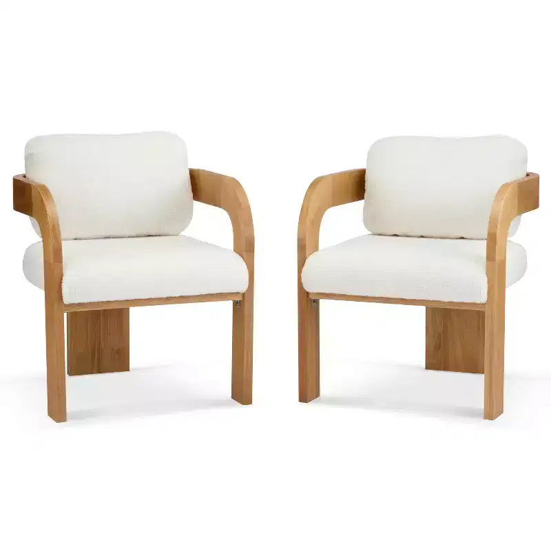 Set of 2 Boucle Armchairs with Pillow Back and Rubberwood Frame