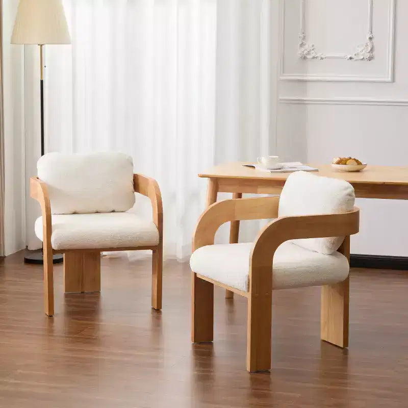 Set of 2 Dining Chairs with Pillow Back, Boucle Armchairs with Rubberwood Frame