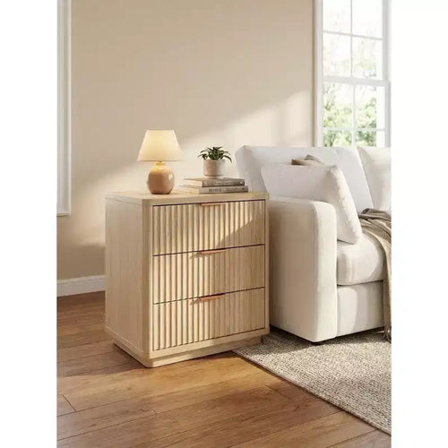 2Pcs 3-Drawer Nightstand With Charging Station, Bedside Table For Bedroom Sofa Living Room, Natural